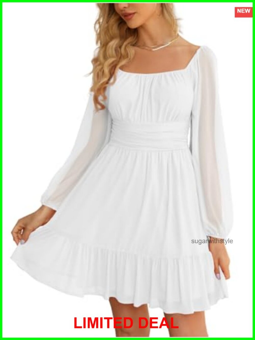 Women's Mesh Long Sleeve Square Neck A-Line Ruffle Hem Mini Dress